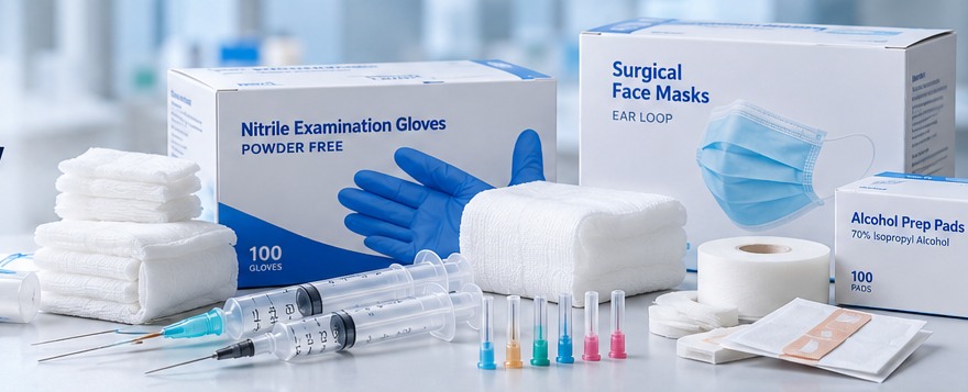 Medical supplies including syringes, gauze, gloves and masks