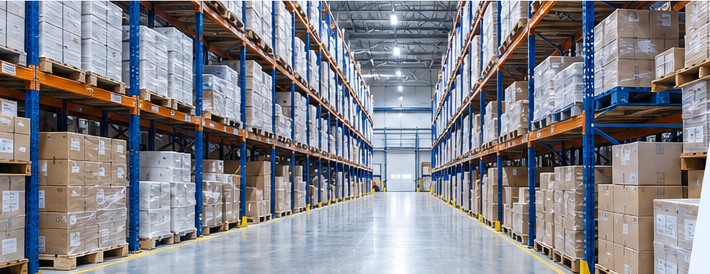 Medical supply distribution warehouse with organized inventory
